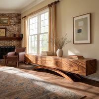 Four door TV cabinet on arched sculpted legs in a sunlit room with large windows and plants