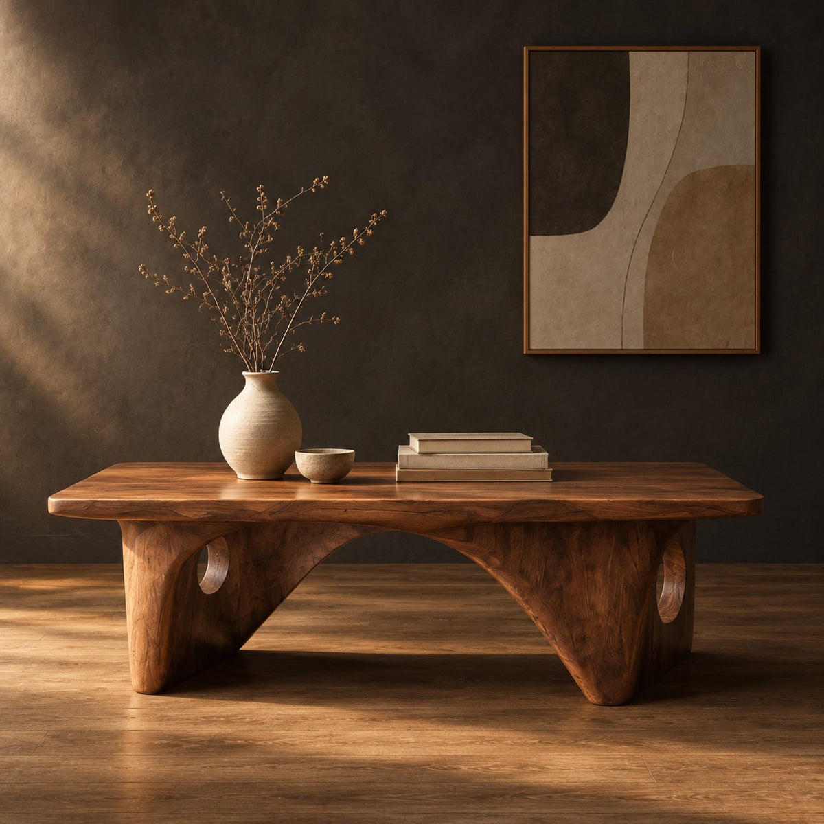 Thick slab coffee table on carved arch legs with circular cutouts in a dark studio against a charcoal plaster wall
