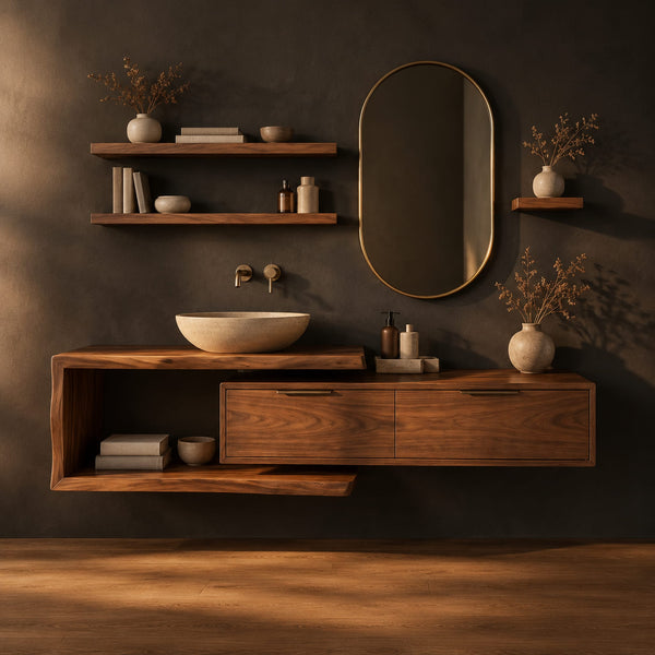 Asymmetric Bathroom Vanity With Open Towel Shelf Frame