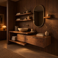 Asymmetric bathroom vanity with an open shelf frame and two wide fronts in an evening bathroom with walnut wall paneling