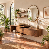 Asymmetric bathroom vanity with an open shelf frame and two wide fronts in a bright bathroom with arched windows and plants