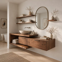 Asymmetric bathroom vanity with an open shelf frame and two wide fronts in a Scandinavian bathroom with white walls