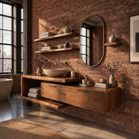 Asymmetric bathroom vanity with an open shelf frame and two wide fronts in an industrial loft bathroom with exposed brick