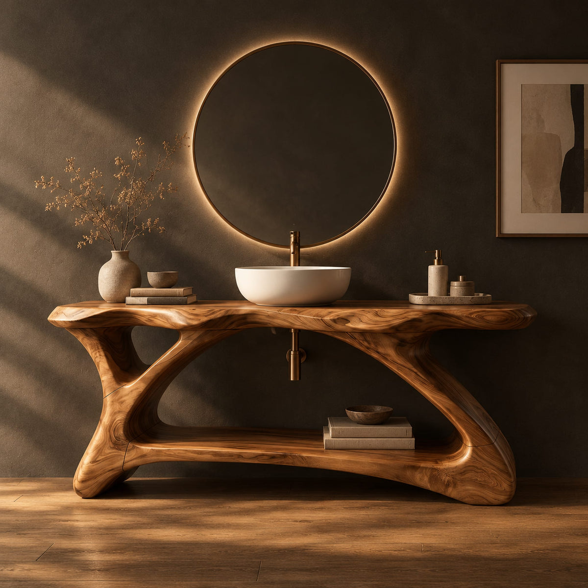 Freestanding vanity with a long slab top on an asymmetric sculpted base in a dark studio against a charcoal plaster wall