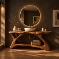 Freestanding vanity with a long slab top on an asymmetric sculpted base in a dark bathroom at golden hour