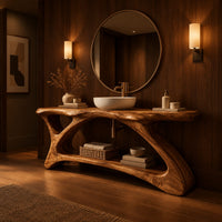 Freestanding vanity with a long slab top on an asymmetric sculpted base in an evening bathroom with walnut wall paneling