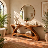 Freestanding vanity with a long slab top on an asymmetric sculpted base in a bright bathroom with arched windows and plants
