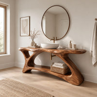 Freestanding vanity with a long slab top on an asymmetric sculpted base in a Scandinavian bathroom with white walls