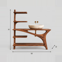 Asymmetric Bathroom Vanity With Tall Side Shelves And A Swept Leg dimension diagram with width, height and depth