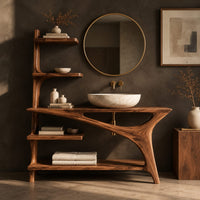Corner detail of asymmetric bathroom vanity with a tall side shelf stack and a swept leg beside wood, brass and linen samples