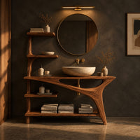Asymmetric bathroom vanity with a tall side shelf stack and a swept leg in a dark bathroom at golden hour