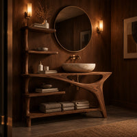 Asymmetric bathroom vanity with a tall side shelf stack and a swept leg in an evening bathroom with walnut wall paneling