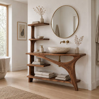 Asymmetric bathroom vanity with a tall side shelf stack and a swept leg in a Scandinavian bathroom with white walls