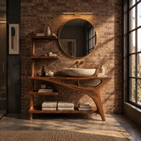 Asymmetric bathroom vanity with a tall side shelf stack and a swept leg in an industrial loft bathroom with exposed brick