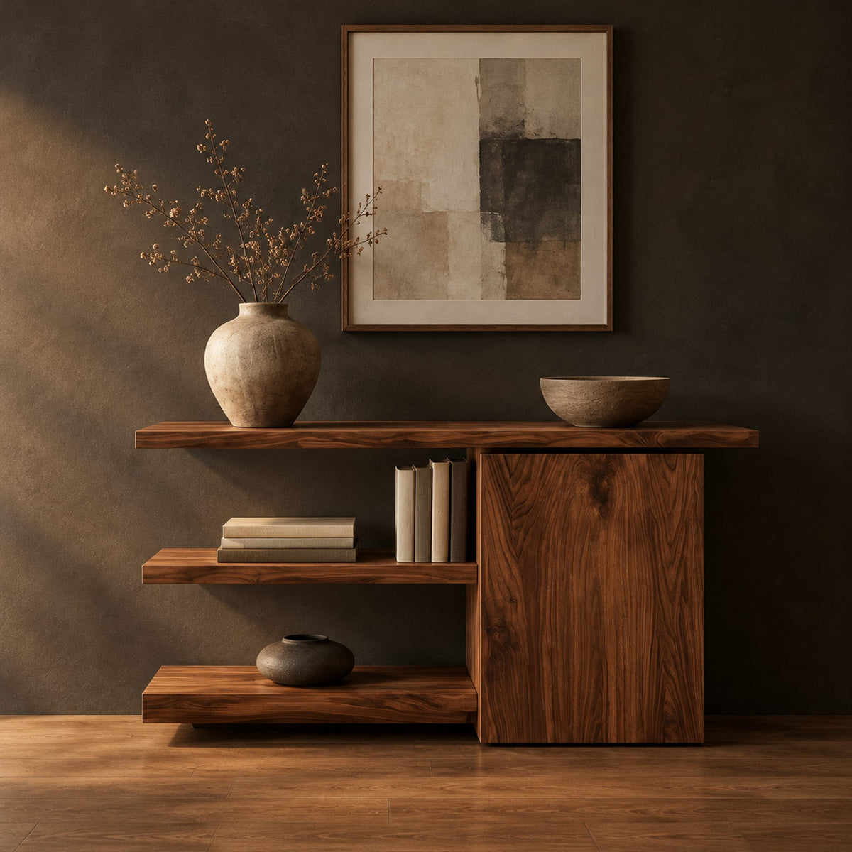 Asymmetric console table with two open shelves beside a closed wood block in a dark studio against a charcoal plaster wall