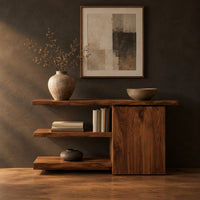 Asymmetric console table with two open shelves beside a closed wood block in a dark studio against a charcoal plaster wall
