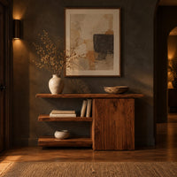 Asymmetric console table with two open shelves beside a closed wood block in a dark entryway at golden hour