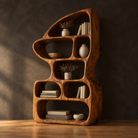 Asymmetric bookshelf with rounded cubbies and a swept top in a dark studio against a charcoal plaster wall