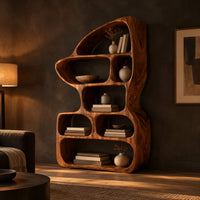 Asymmetric bookshelf with rounded cubbies and a swept top in a dark living room at golden hour