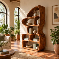 Asymmetric bookshelf with rounded cubbies and a swept top in a bright living room with arched windows and plants