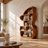 Asymmetric bookshelf with rounded cubbies and a swept top in a bright open plan living room