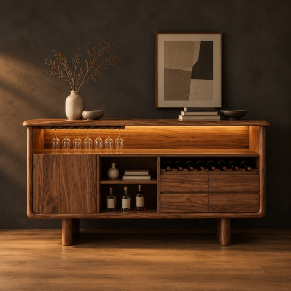 Bar Cabinet With Open Top Recess And Bottle Rack On Block Legs