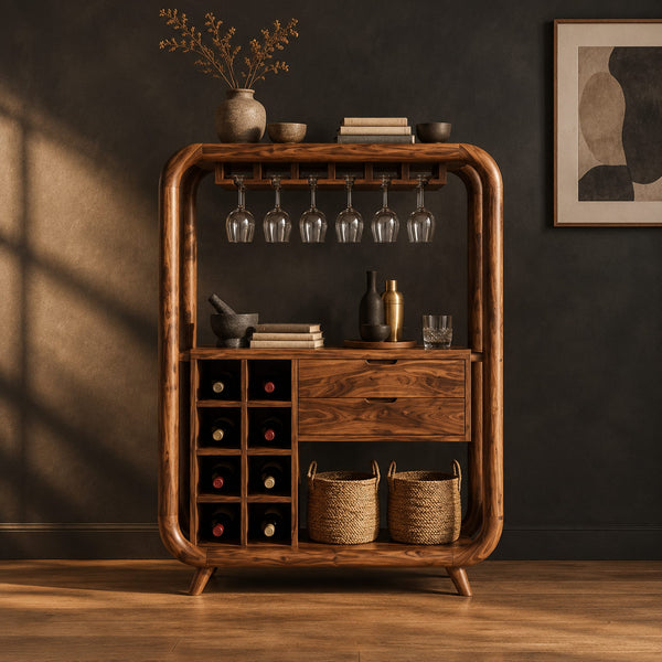 Bar Cabinet With Thick Frame, Slot Grid And Stemware Rail