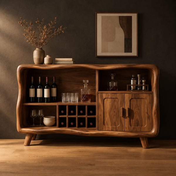 Bar Cabinet With Wavy Outline, Cubby Grid And Two Doors