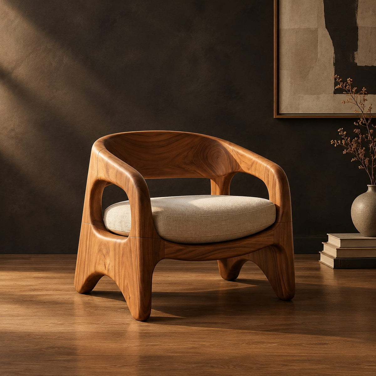 Low barrel back chair with oval side openings and arched legs in a dark studio against a charcoal plaster wall