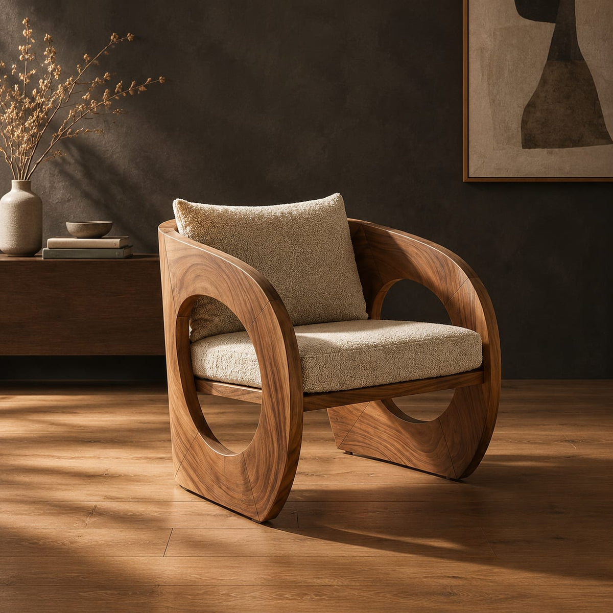 Barrel lounge chair with round cutouts in curved side panels in a dark studio against a charcoal plaster wall