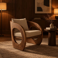 Barrel lounge chair with round cutouts in curved side panels in an evening living room with walnut wall paneling