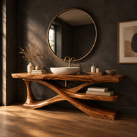 Bathroom vanity on crossed sculpted legs with a lower shelf, three-quarter view showing the grain