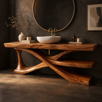 Corner detail of bathroom vanity on crossed sculpted legs with a lower shelf beside wood, brass and linen samples