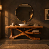 Bathroom vanity on crossed sculpted legs with a lower shelf in a dark bathroom at golden hour
