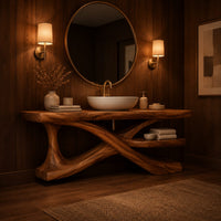 Bathroom vanity on crossed sculpted legs with a lower shelf in an evening bathroom with walnut wall paneling