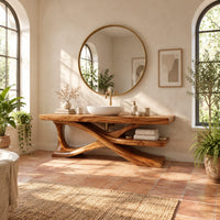 Bathroom vanity on crossed sculpted legs with a lower shelf in a bright bathroom with arched windows and plants