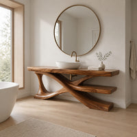 Bathroom vanity on crossed sculpted legs with a lower shelf in a Scandinavian bathroom with white walls