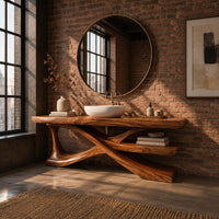 Bathroom vanity on crossed sculpted legs with a lower shelf in an industrial loft bathroom with exposed brick