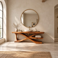 Bathroom vanity on crossed sculpted legs with a lower shelf in a bright open plan bathroom