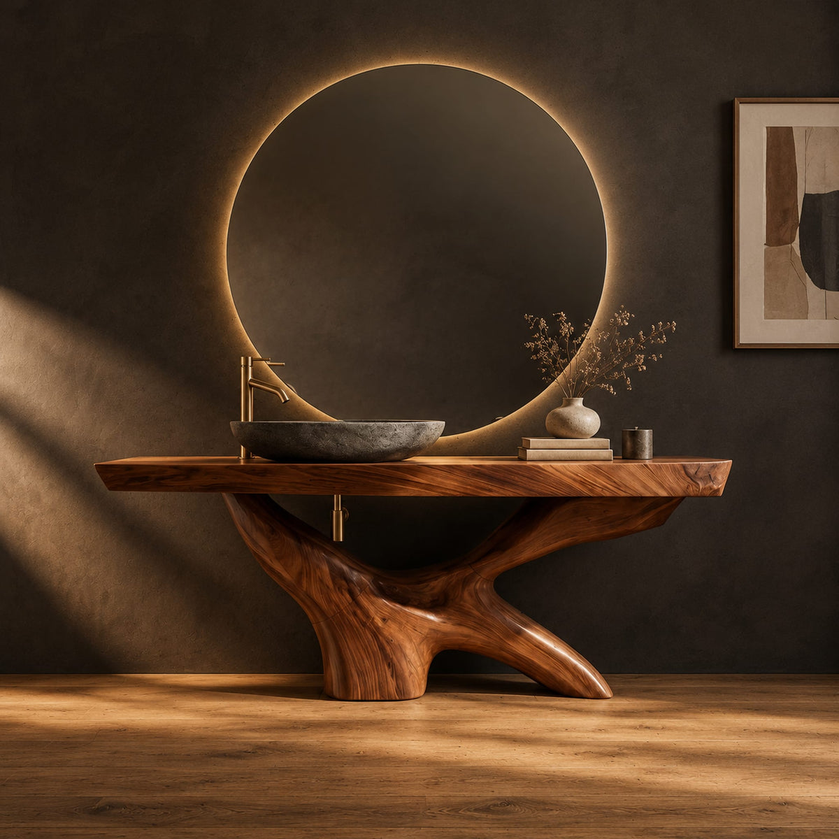 Freestanding bathroom vanity with a thick slab top on a carved forked base in a dark studio against a charcoal plaster wall