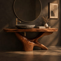 Freestanding bathroom vanity with a thick slab top on a carved forked base, three-quarter view showing the grain