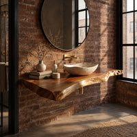 Freeform live edge wood slab with rough natural edge and swept outline in an industrial loft bathroom with exposed brick