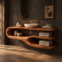 Bathroom vanity with a looping side and two open shelves, three-quarter view showing the grain