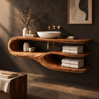 Corner detail of bathroom vanity with a looping side and two open shelves beside wood, brass and linen samples