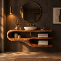 Bathroom vanity with a looping side and two open shelves in a dark bathroom at golden hour
