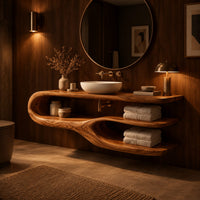 Bathroom vanity with a looping side and two open shelves in an evening bathroom with walnut wall paneling