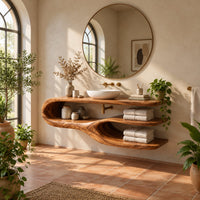 Bathroom vanity with a looping side and two open shelves in a bright bathroom with arched windows and plants