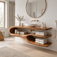 Bathroom vanity with a looping side and two open shelves in a Scandinavian bathroom with white walls