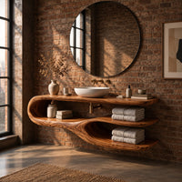 Bathroom vanity with a looping side and two open shelves in an industrial loft bathroom with exposed brick