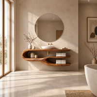 Bathroom vanity with a looping side and two open shelves in a bright open plan bathroom